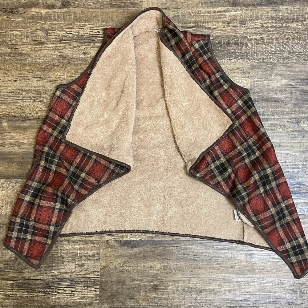 Plaid Sherpa Vest Women Medium Jodifi Open Front‎ Fuzzy Lined Cozy Layering EUC